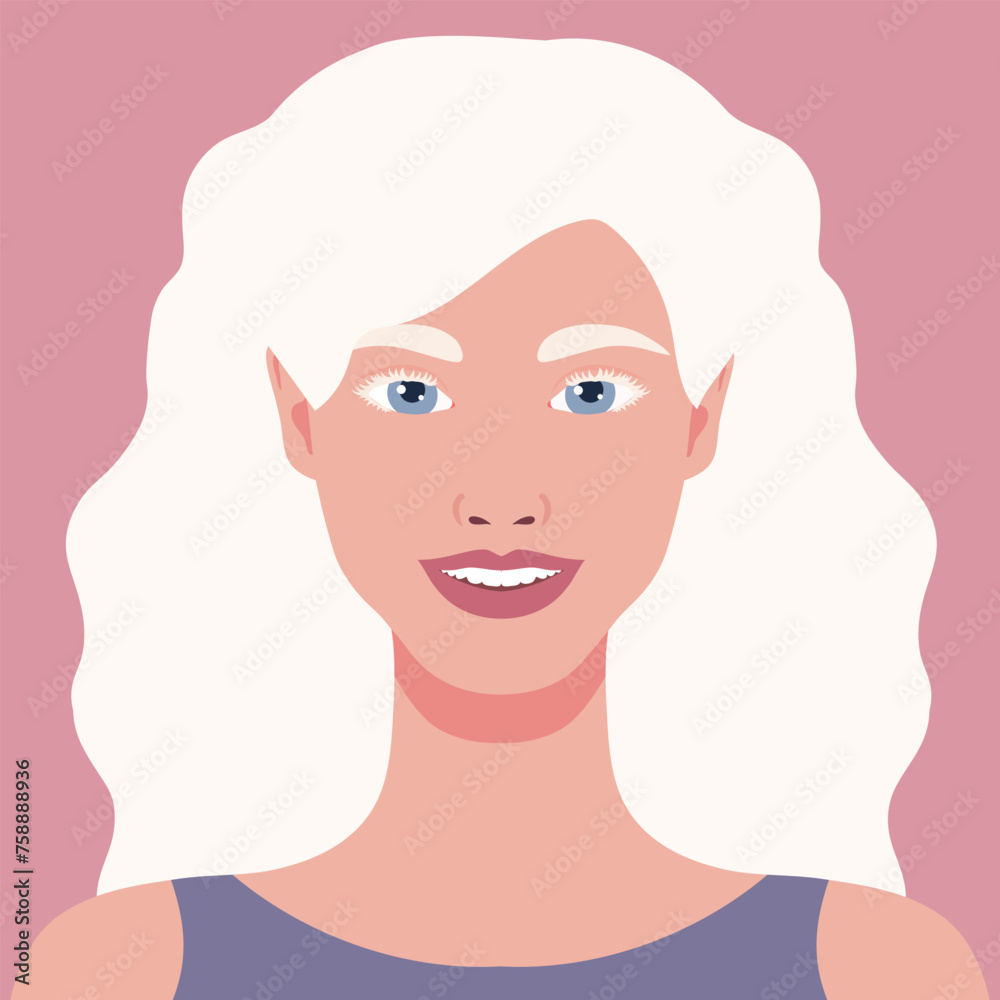 Beautiful happy Albino woman portrait. Avatar of a young female with albinism. Genetic rare appearance. Vector illustration