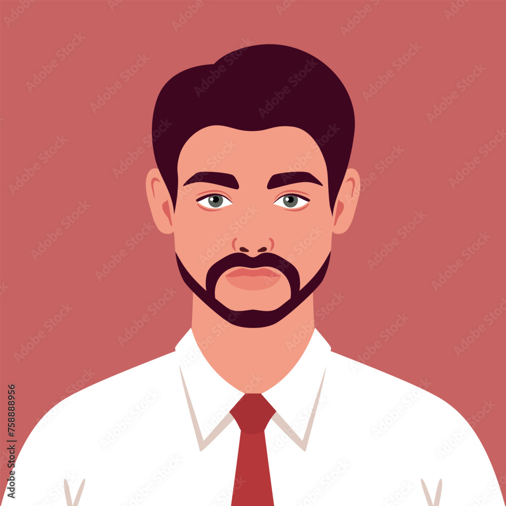 Young man with a beard wearing a shirt and tie. Portrait or an avatar of an office worker. Vector illustration