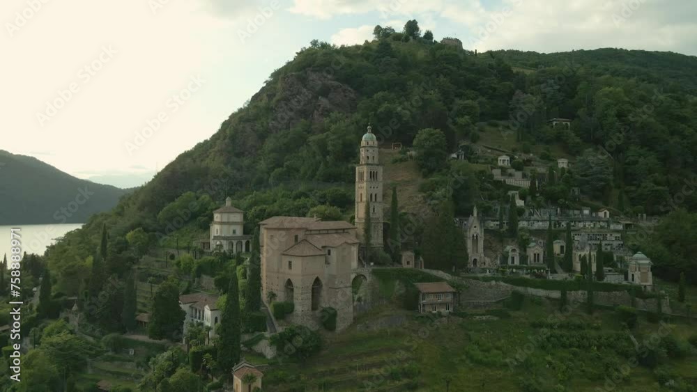 Aerial view of Morcote a village at Switzerland on the Shores of Lake Lugano at sunset Aerial view of Morcote a village at Switzerland on the Shores of Lake Lugano at sunset