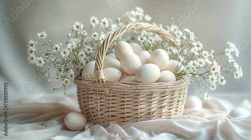 Easter background. Beautiful composition of colorful eggs and spring flowers on a delicate background. Spring holidays concept with copy space.