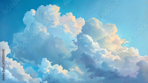 Bright Blue Sky Featuring Fluffy Cumulus Cloud, nature, cloudscape, atmospheric, weather © asura