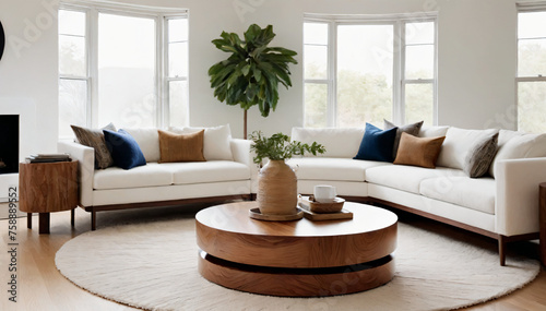 Elegant living room with round coffee table. White sofas, minimal and elegant furniture, living room plants, interiors, furnishings, ideas for the home. Mirrors, cushions, books and ornaments. photo
