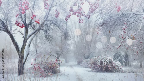 Red Wild Apple Trees Adorn Snowy City Park, seamless looping time-lapse virtual 4k video animation background.