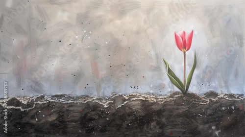 Różowy tulipan rozwinął się na niejałowej suchej ziemi. Koncept rozwoju i wytrwałości