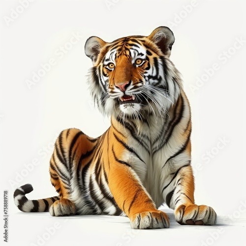 Detailed illustration of a happy friendly smiling tiger sitting isolated on a white background  Generative AI