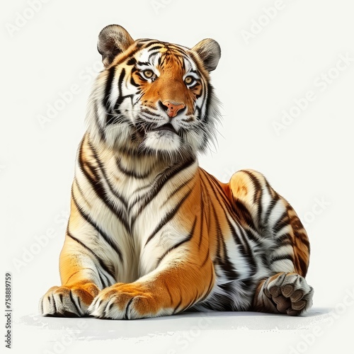 Detailed illustration of a happy friendly smiling tiger sitting isolated on a white background  Generative AI