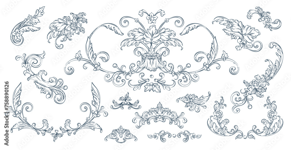 Luxury decorative vector elements set, rococo and baroque style