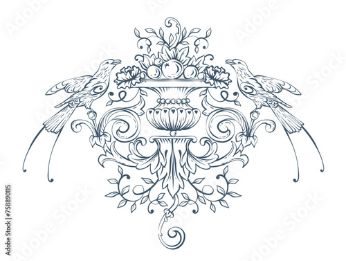Luxury decorative vector element with bird, baroque monogram, renaissance emblem, luxury label