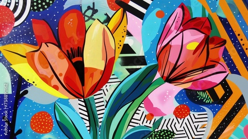 Dwa kwiaty prezentują się w jasnych kolorach, tworząc wiosenny motyw na tle radosnego abstrakcyjnego tła z liniami.