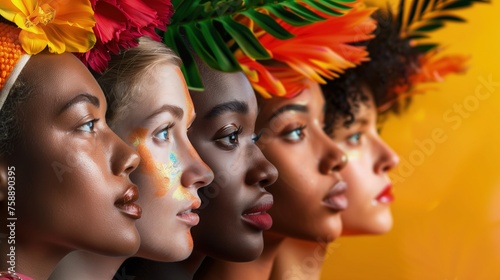 Grupa kobiet o różnych kolorach, kwiaty na głowach. Wyglądają na skupione i odśiweżone