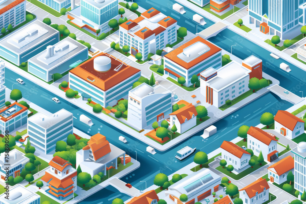 Isometric map or scheme of city with downtown industrial district suburban area paper white buildings houses and river. 