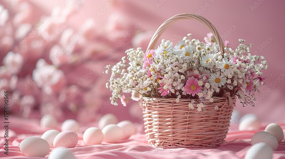 Obraz premium Easter background. Beautiful composition of colorful eggs and spring flowers on a delicate background. Spring holidays concept with copy space.