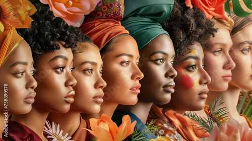 Grupa kobiet stoi razem bez względu na rasę. Są równe sobie i każda z wiosenną ozdobą.