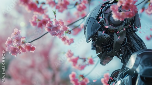 Czarny wyglądający wrogo robot stoi obok drzewa, które jest obficie obsypane różowymi kwiatami. Kontrast ten przedstawia scenę wiosenną z futurystycznym robotem.