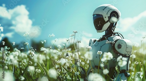 Wiosną robot stoi w polu białych kwiatów. Jego metaliczne ręce i nogi kontrastują z delikatnością otaczającej go przyrody.