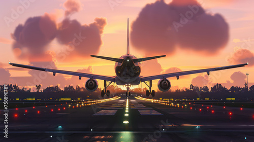 a large jetliner taking off from an airport runway against the backdrop of a stunning and blurred cityscape at sunset.