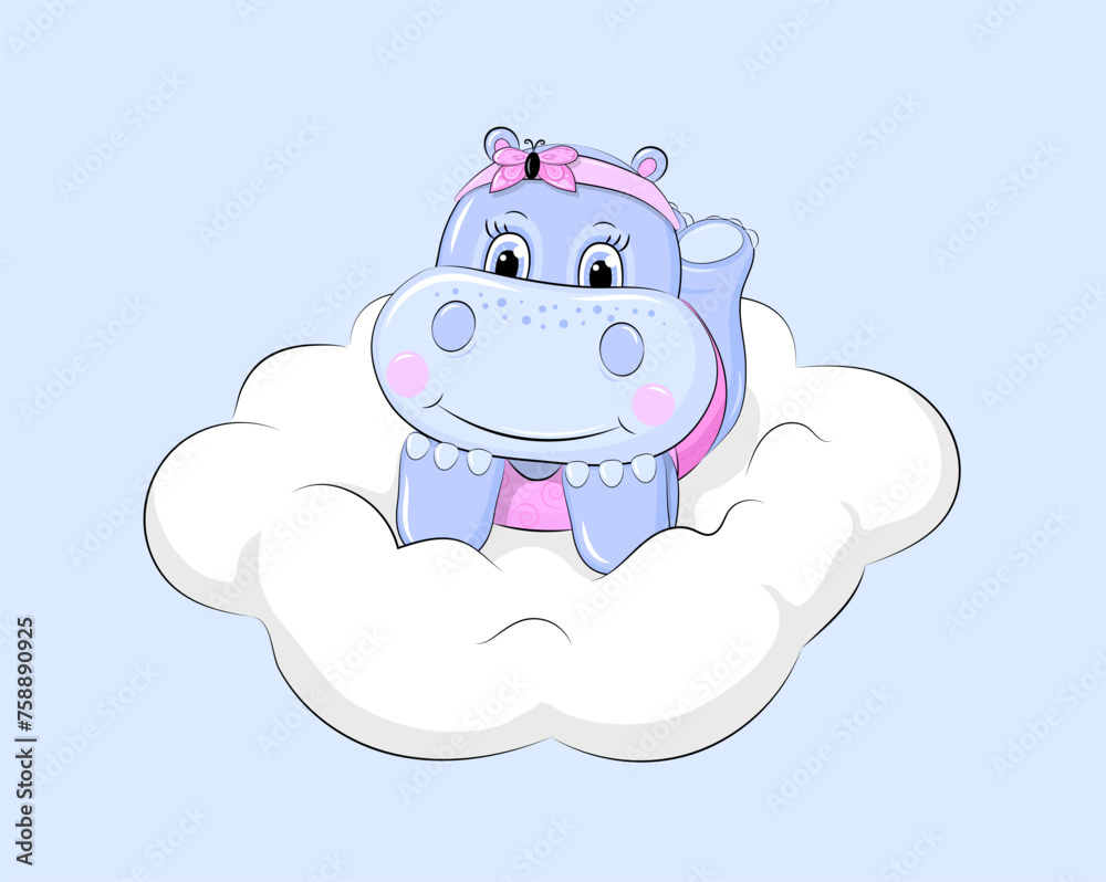 Fototapeta premium Cute cartoon animal. Girl hippo on the cloud. 