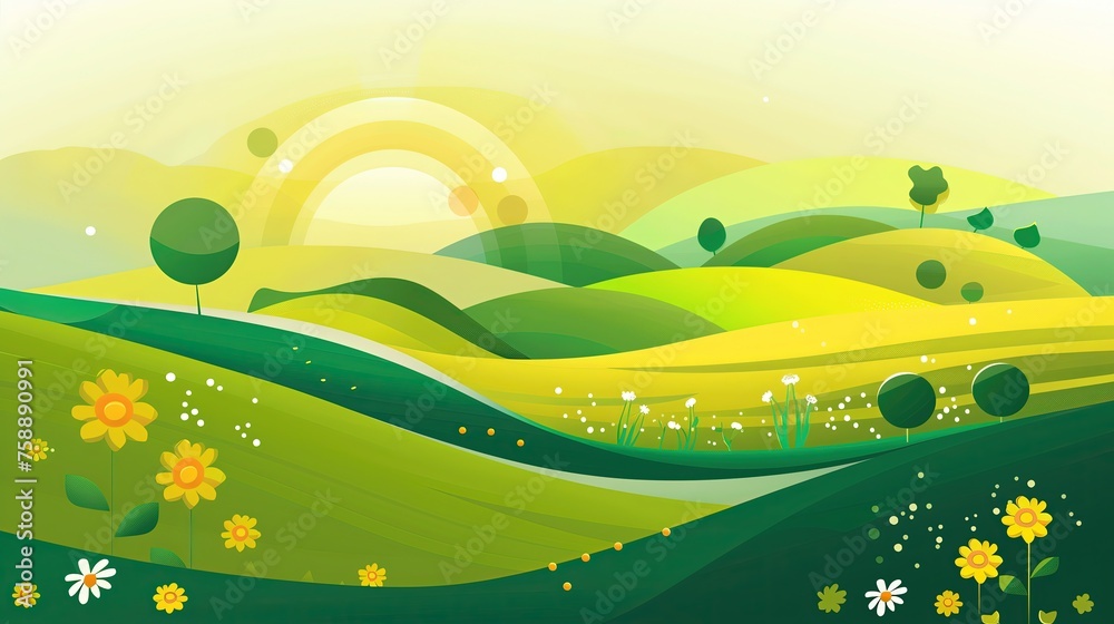 Kilkupoziomowe malowidło przedstawiające zielony pejzaż równinny z kwiatami i drzewami, idealne odzwierciedlenie wiosny. Soczysta zieleń, idealne na tło dla BIO produktów. - obrazy, fototapety, plakaty 