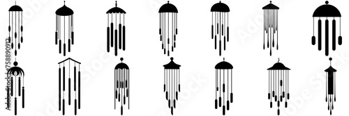 Windchime bell silhouettes set, large pack of vector silhouette design, isolated white background