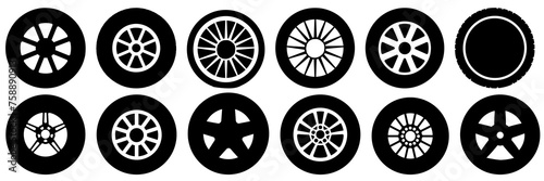 Tire rim silhouettes set, large pack of vector silhouette design, isolated white background