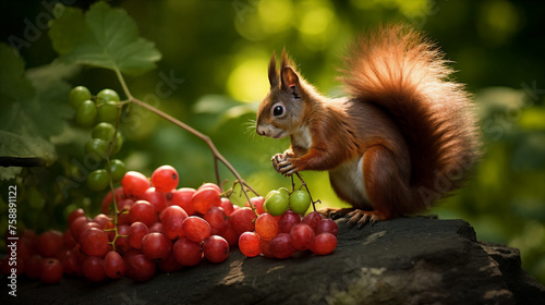 a squirrel is sitting on a rock with grapes and a squirrel is standing on a rock with grapes and a squirrel is standing on a rock