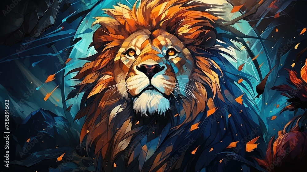 Majestic blue lion in geometric art style