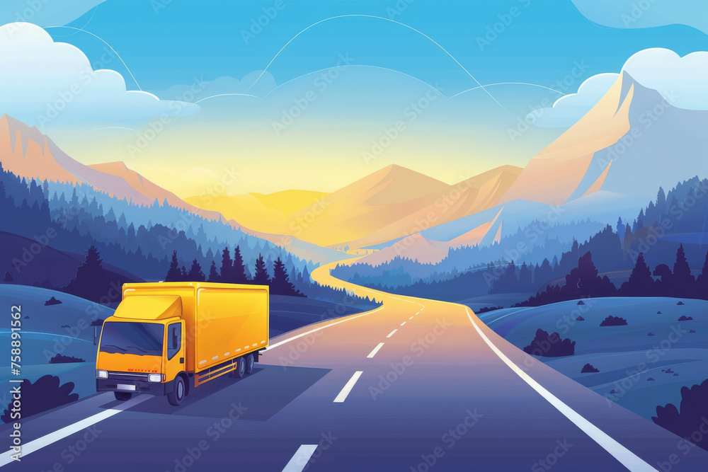 Smartphone with yellow delivery truck or van on the highway road from factory to customer home.