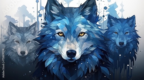 Geometric wolf pack in a cool blue palette photo