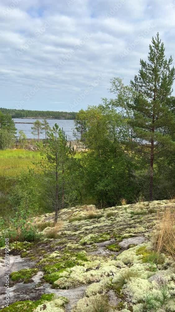 Russia, Karelia, Lake Ladoga, Koyonsaari. View of the coast of the island in a cold lake. Beautiful nature of the Republic of Karelia. Stunning panoramic view of the Ladoga Skerry Islands. 4K Russia, Karelia, Lake Ladoga, Koyonsaari. View of the coast of the island in a cold lake. Beautiful nature of the Republic of Karelia. Stunning panoramic view of the Ladoga Skerry Islands. 4K