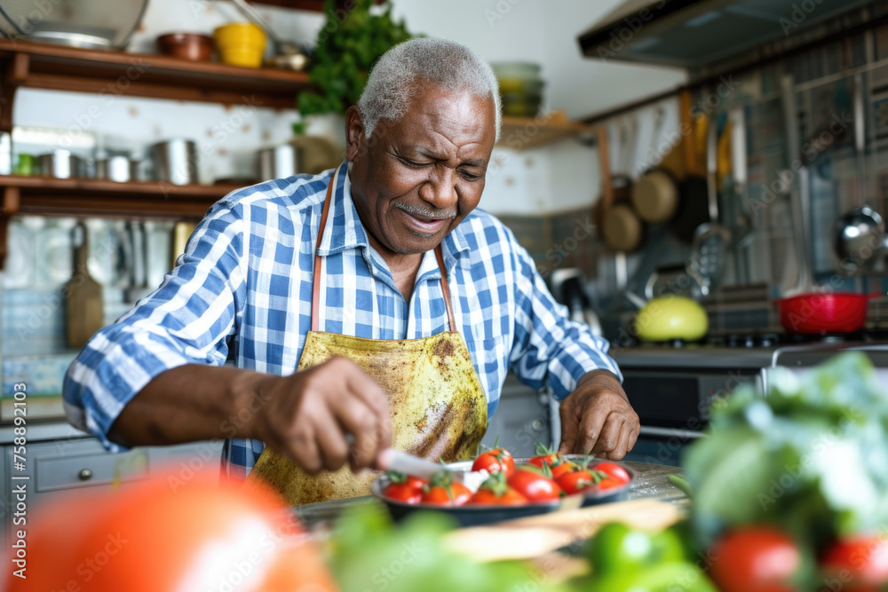 Elderly african american man slicing tomatoes.