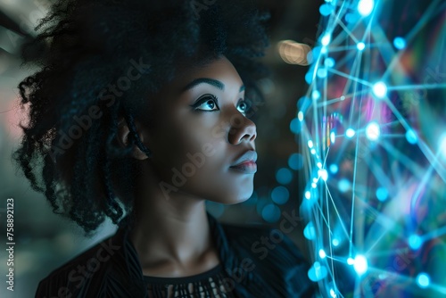 Curious Black Woman Examining Neural Network, artificial intelligence, technology, curiosity, innovation