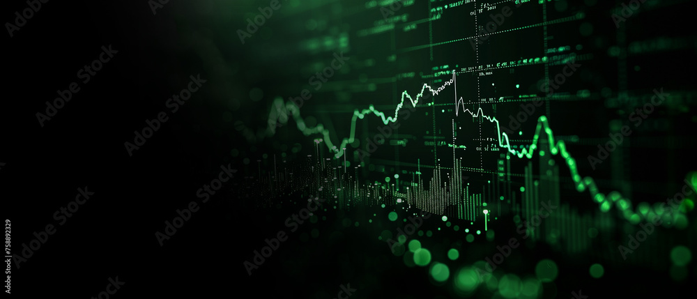 Abstract background with Financial charts and graphs technology have wave data, graph crypto high trend, green color ,background cover banner ultra wide 21:9 copy space