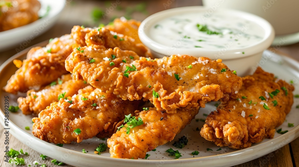 Crispy Chicken Tenders and Dipping Sauce, fast food, snack, fried, delicious Crispy Chicken Tenders and Dipping Sauce, fast food, snack, fried, delicious