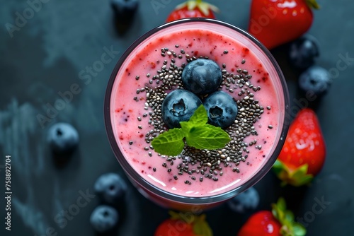 Strawberry Blueberry Smoothie with Chia Seeds, healthy, beverage, drink, fresh