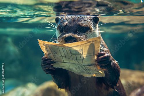 Curious Otter Engages in Unusual Behavior by Examining a Map Underwater photo