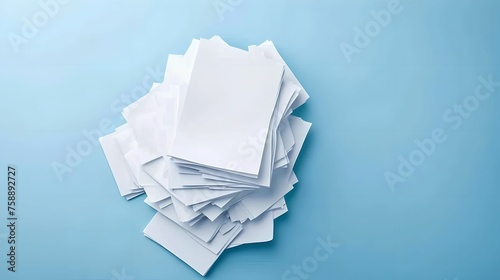 Pile of Empty Paper Sheets on Blue Background, copy space, blank, office, workspace