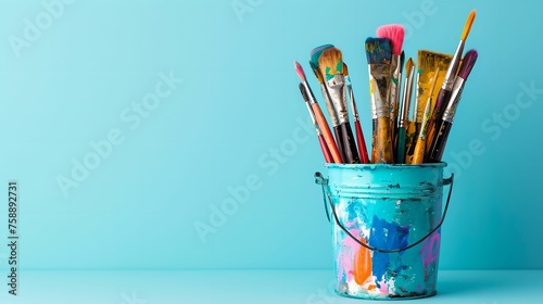 Paint Bucket with Brushes on Blue Background, isolated, single, art, tools photo