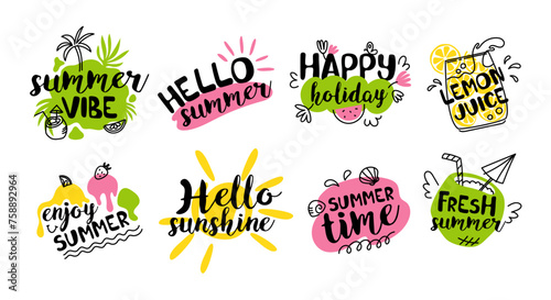 Fototapeta Naklejka Na Ścianę i Meble -  Set of summer text labels, logos, hand drawn tags and elements for summer holiday, travel, beach holiday, sea, sun. Vector flat illustration