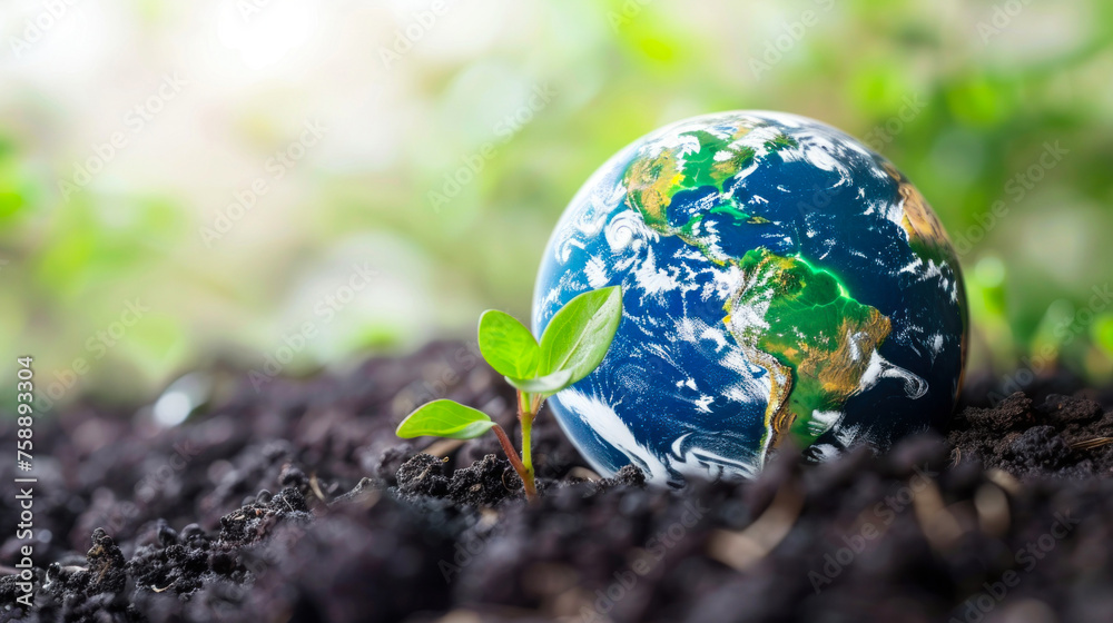 This image shows a detailed Earth globe with a small seedling sprouting on top, signifying hope and regrowth in nature This image shows a detailed Earth globe with a small seedling sprouting on top, signifying hope and regrowth in nature