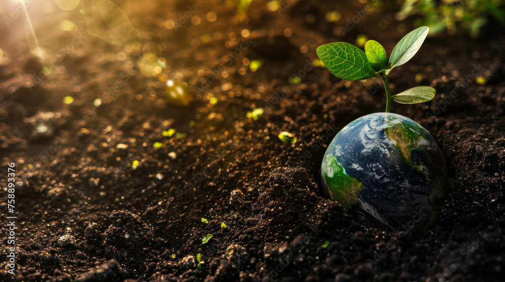 The image showcases a young plant on the Earth globe, set in soil bathed in the warmth of sunlight, symbolizing hope and growth The image showcases a young plant on the Earth globe, set in soil bathed in the warmth of sunlight, symbolizing hope and growth