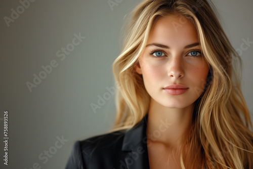 A young pretty blonde businesswoman in a business jacket looks confidently straight ahead against a plain background. Business woman concept