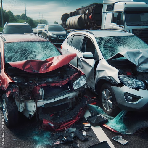 Des voitures après un accident de la route avec un pare-brise casse et un capot endommage. photo