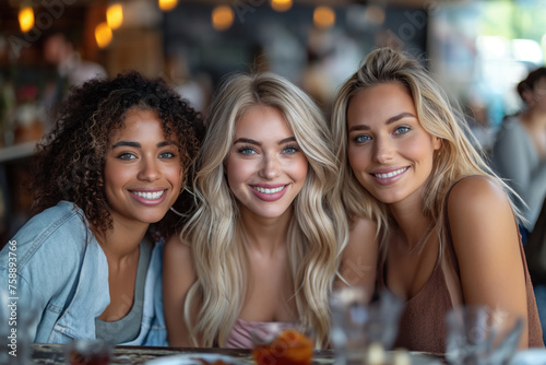 Three cute girls of different races  one African-American  a brunette with a bouffant hairstyle and two Caucasian blondes  smile and look straight  at a friendly meeting at a table in a cafe
