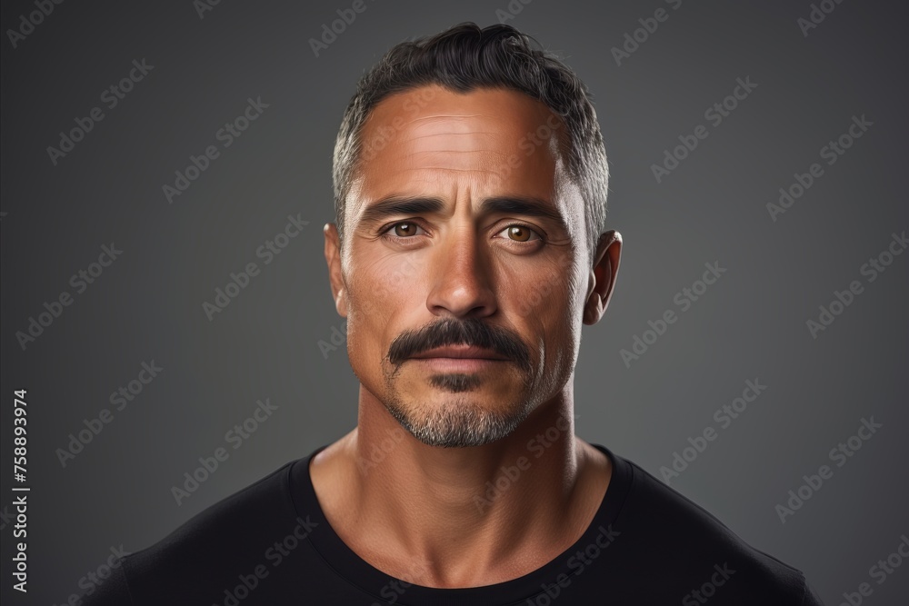 Portrait of handsome mature man with beard and mustache over grey background. Portrait of handsome mature man with beard and mustache over grey background.