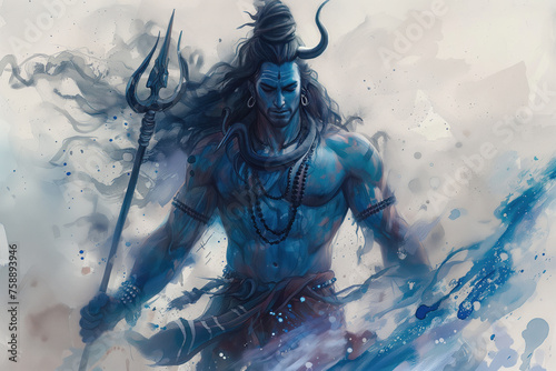 Hindu lord Shiva with the legendary trishula trident, in muscular display. Pumped up lord shiva, watercolor style on white background
