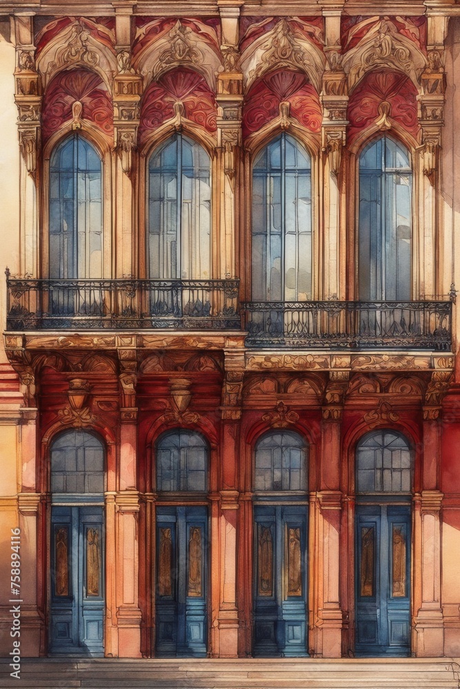 Sketch of facade of a noble building, Watercolor painted landscape