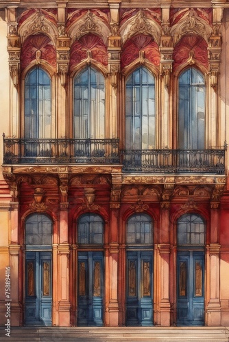 Sketch of facade of a noble building, Watercolor painted landscape photo