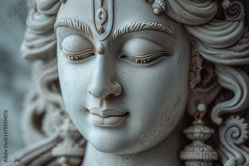 Close-up portrait of a statue of the Hindu god Shiva, blissfully closing his eyes, arriving in meditation. Shiva in samadhi in traditional decorations