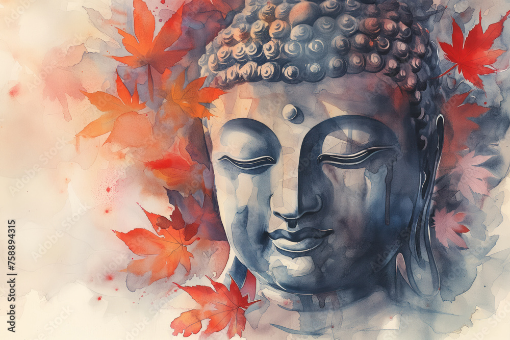 Buddha closed his eyes, remaining in a state of samadhi with characteristic bliss on his face, against the backdrop of yellow autumn leaves. Portrait in watercolor style with place for text