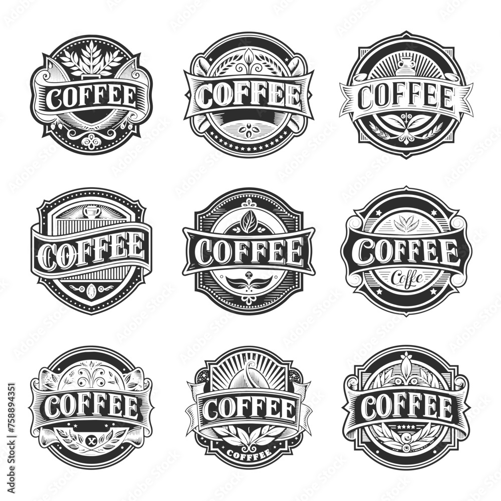 Set of vintage coffee labels. Stamps for packaging. A set of templates for all types of coffee. Vector